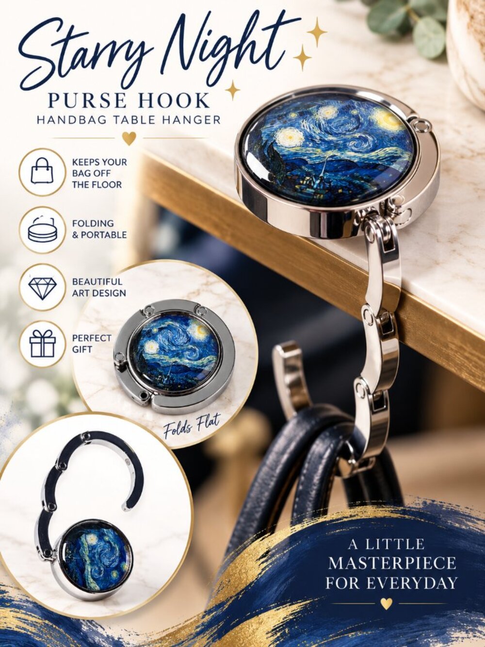 Starry Night Purse Hook Handbag Table Hanger Van Gogh Art Folding Bag Holder New